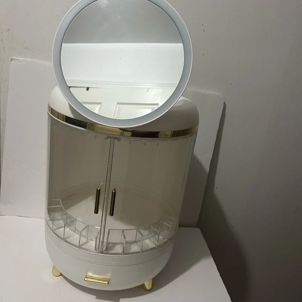 Chic White and Gold Makeup Organizer with Mirror